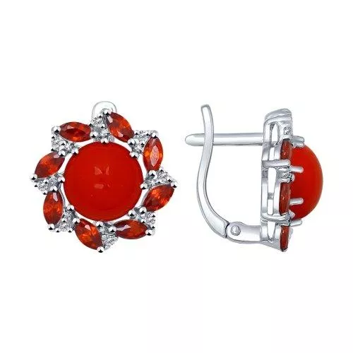 Серьги из серебра с кораллами и фианитами