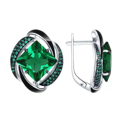 Серьги из серебра с эмалью с зелеными ситаллами и зелеными фианитами