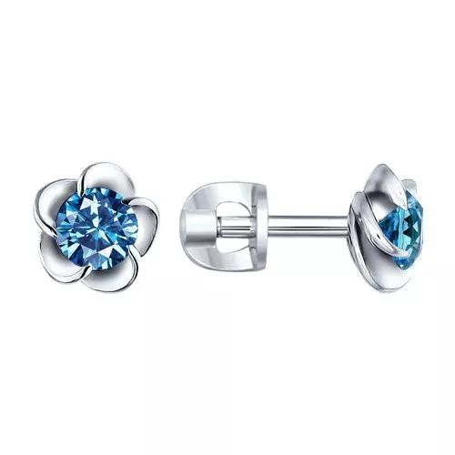 Серьги-гвоздики из серебра в виде цветка с голубым фианитом