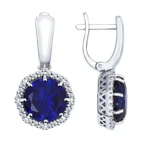 Серьги из серебра с корундами сапфировыми (синт.) и фианитами