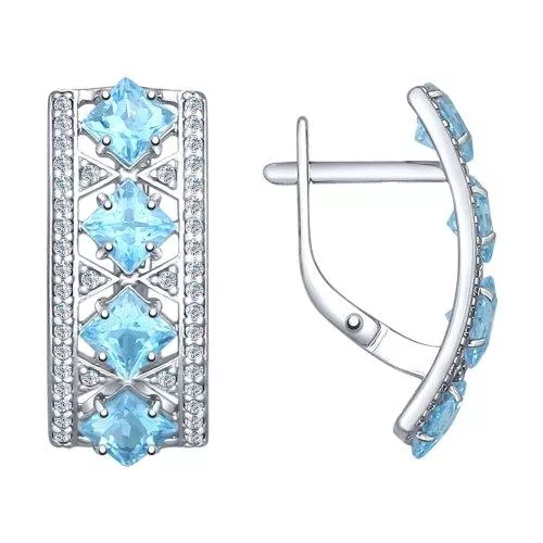 Серьги из серебра с голубыми топазами и фианитами