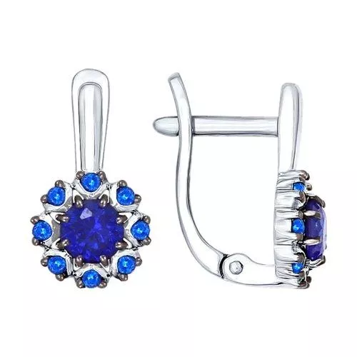 Серьги из серебра с корундами сапфировыми (синт.) и фианитами