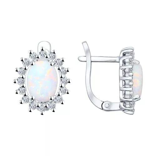 Серьги из серебра с белыми опалами и фианитами