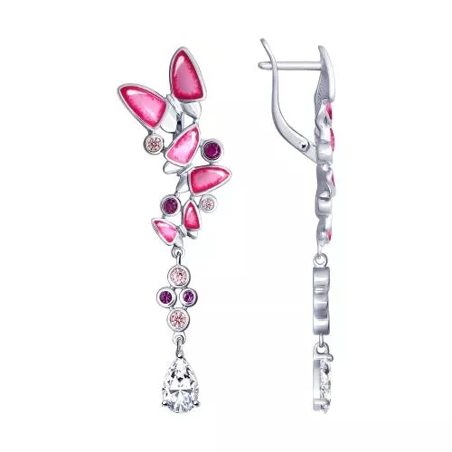 Длинные серебряные серьги с эмалью «Бабочки»