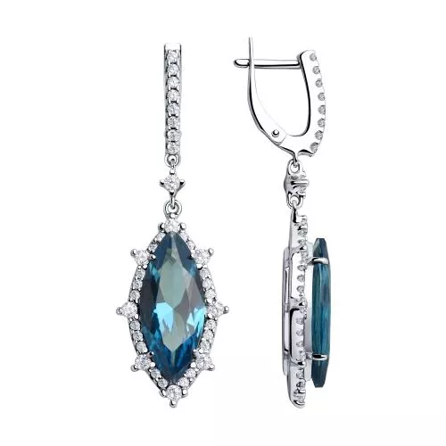 Серьги из серебра с синими ситаллами и фианитами