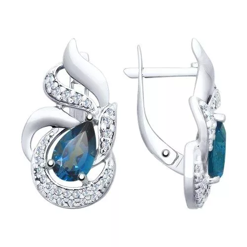 Серьги из серебра с синими топазами и фианитами