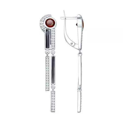 Серьги из серебра с эмалью и гранатами и фианитами