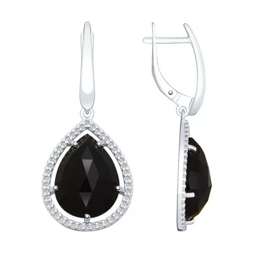 Серьги из серебра с чёрными агатами и фианитами