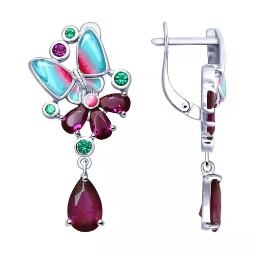 Серьги из серебра с эмалью и фианитами