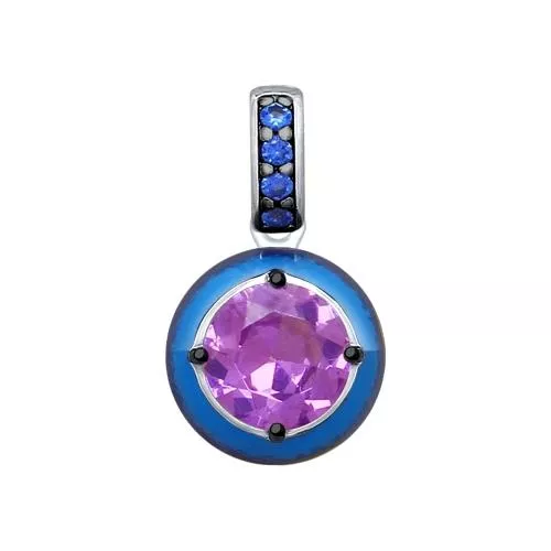 Подвеска из серебра с эмалью и сиреневым ситаллом и фианитами