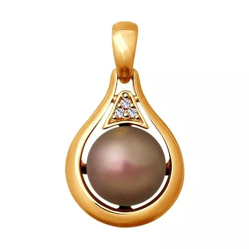 Подвеска из золочёного серебра с коричневым жемчугом Swarovski и фианитами