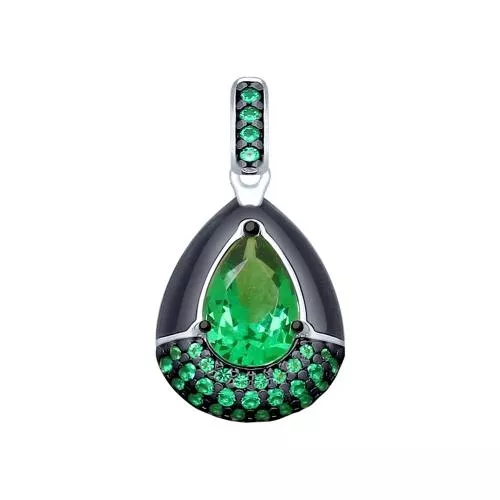 Подвеска из серебра с эмалью и зелёным ситаллом и фианитами