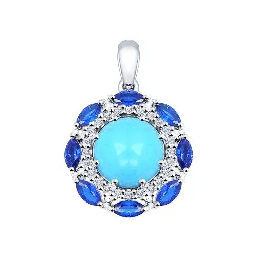 Подвеска из серебра с бирюзой синтетической и синими фианитами