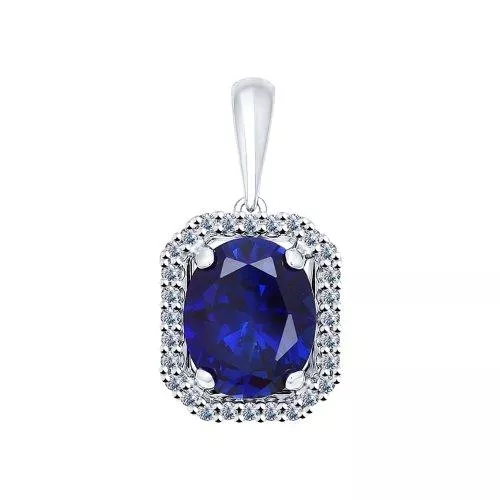 Подвеска из серебра с корундом сапфировым (синт.) и фианитами