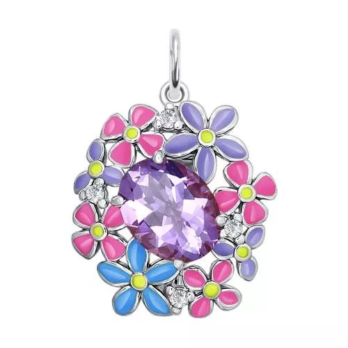 Подвеска из серебра с эмалью с аметистом и фианитами