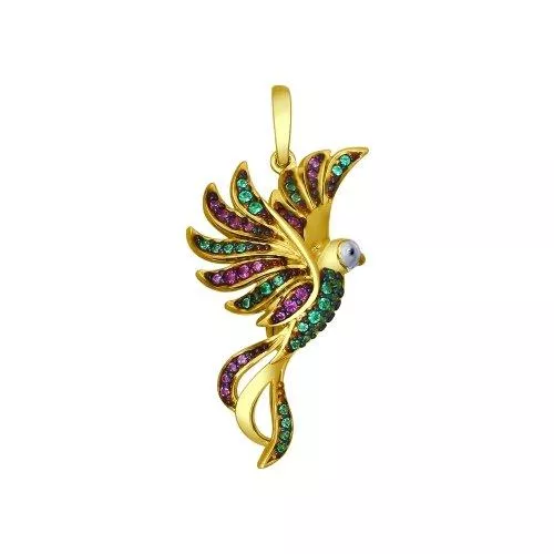 Подвеска из золочёного серебра с зелеными и сиреневыми фианитами