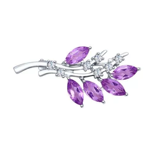Брошь из серебра с аметистами и фианитами