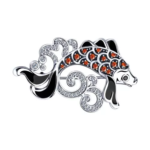 Брошь из серебра с эмалью и фианитами