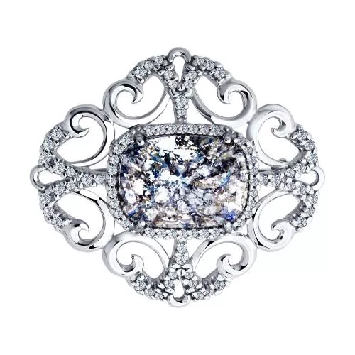 Брошь из серебра с кристаллом Swarovski и фианитами