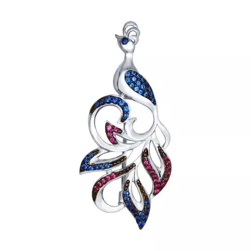 Брошь из серебра с красными и синими фианитами