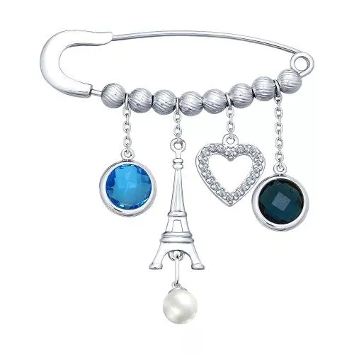 Брошь из серебра с жемчугом и фианитами