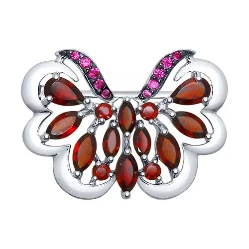 Брошь из серебра с гранатами и красными фианитами