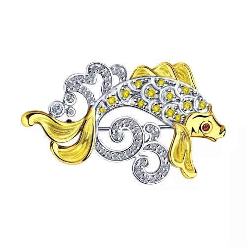 Брошь из золочёного серебра с эмалью и фианитами