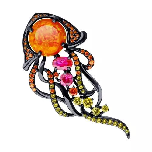 Брошь из серебра с жёлтыми опалами и фианитами