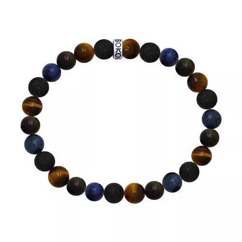 Браслет с вылканической лавой, содалитами и тигровым глазом