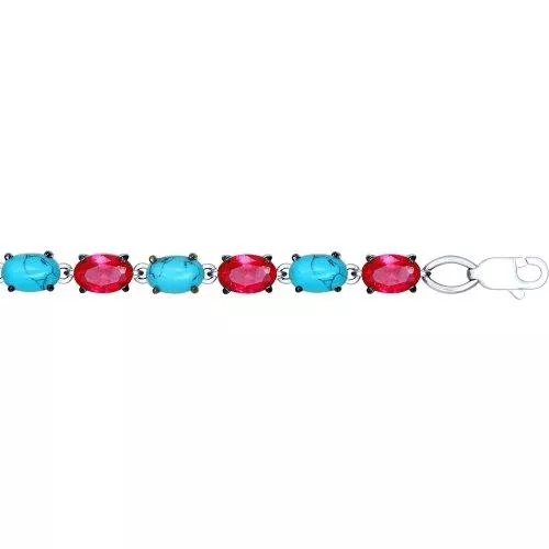 Браслет из серебра с бирюзой (синт.) и красными фианитами
