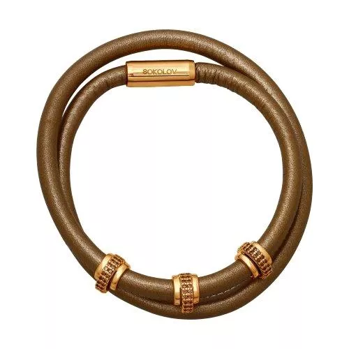 Коричневый кожаный бралет с золочёным серебром и фианитами