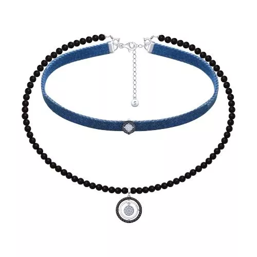 Колье из серебра с чёрными агатами и фианитами