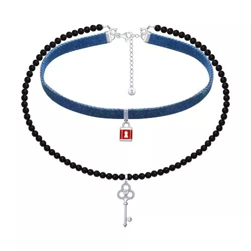 Колье из серебра с эмалью и чёрными агатами и фианитами