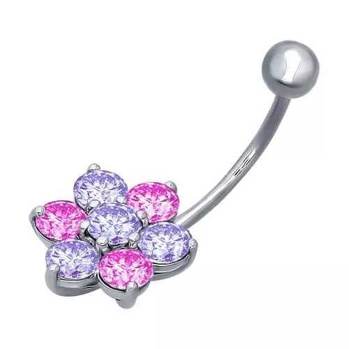 Пирсинг в пупок из серебра с сиреневыми и розовыми фианитами