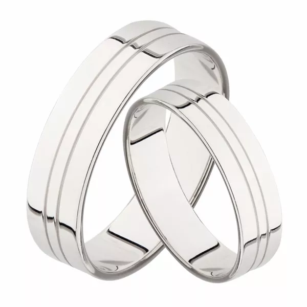 Парные обручальные кольца прямые из белого золота с двойной канавкой 5 мм